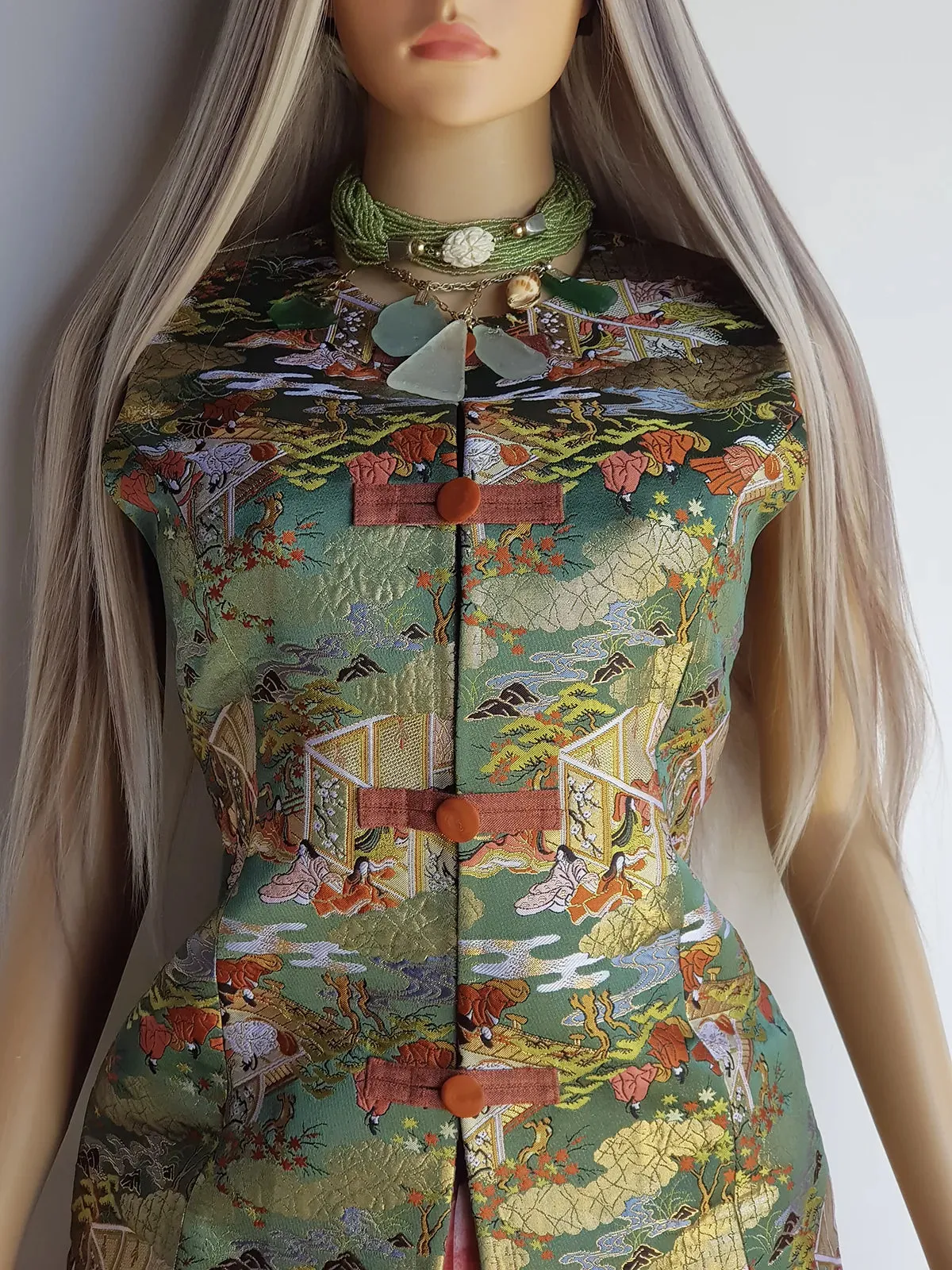 1950s Vintage Darling Sculptural Asian Scene Vest - Brocade with Metallic Threads - Green Tones - Intricate and Detailed