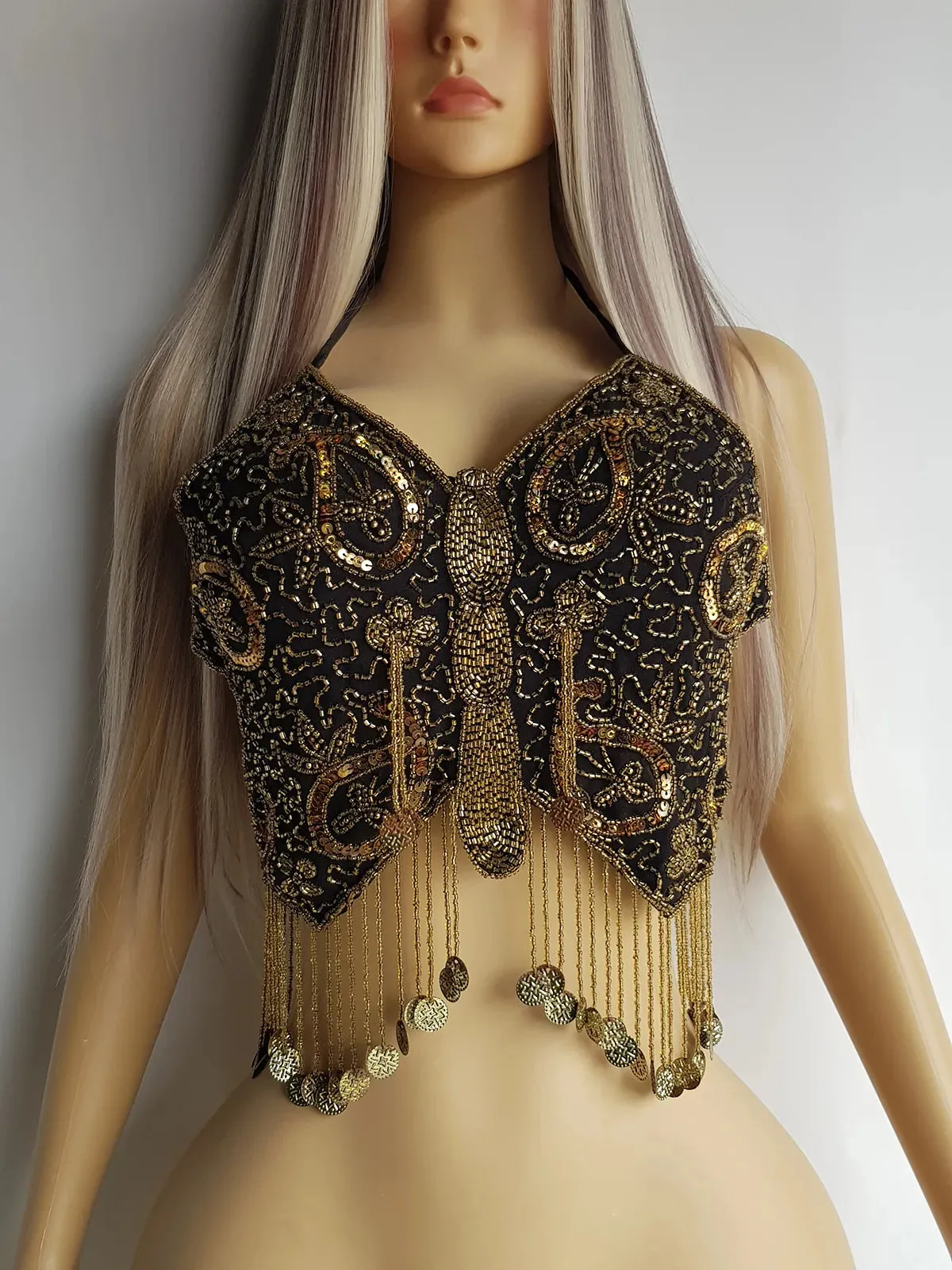 Absolute Knockout Vintage Fully Beaded Butterfly Top - Beaded Tassels with Coins - String Ties