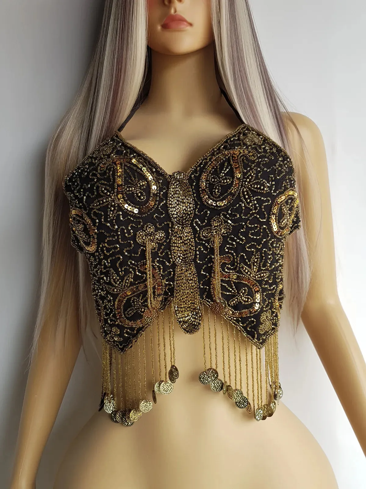 Absolute Knockout Vintage Fully Beaded Butterfly Top - Beaded Tassels with Coins - String Ties