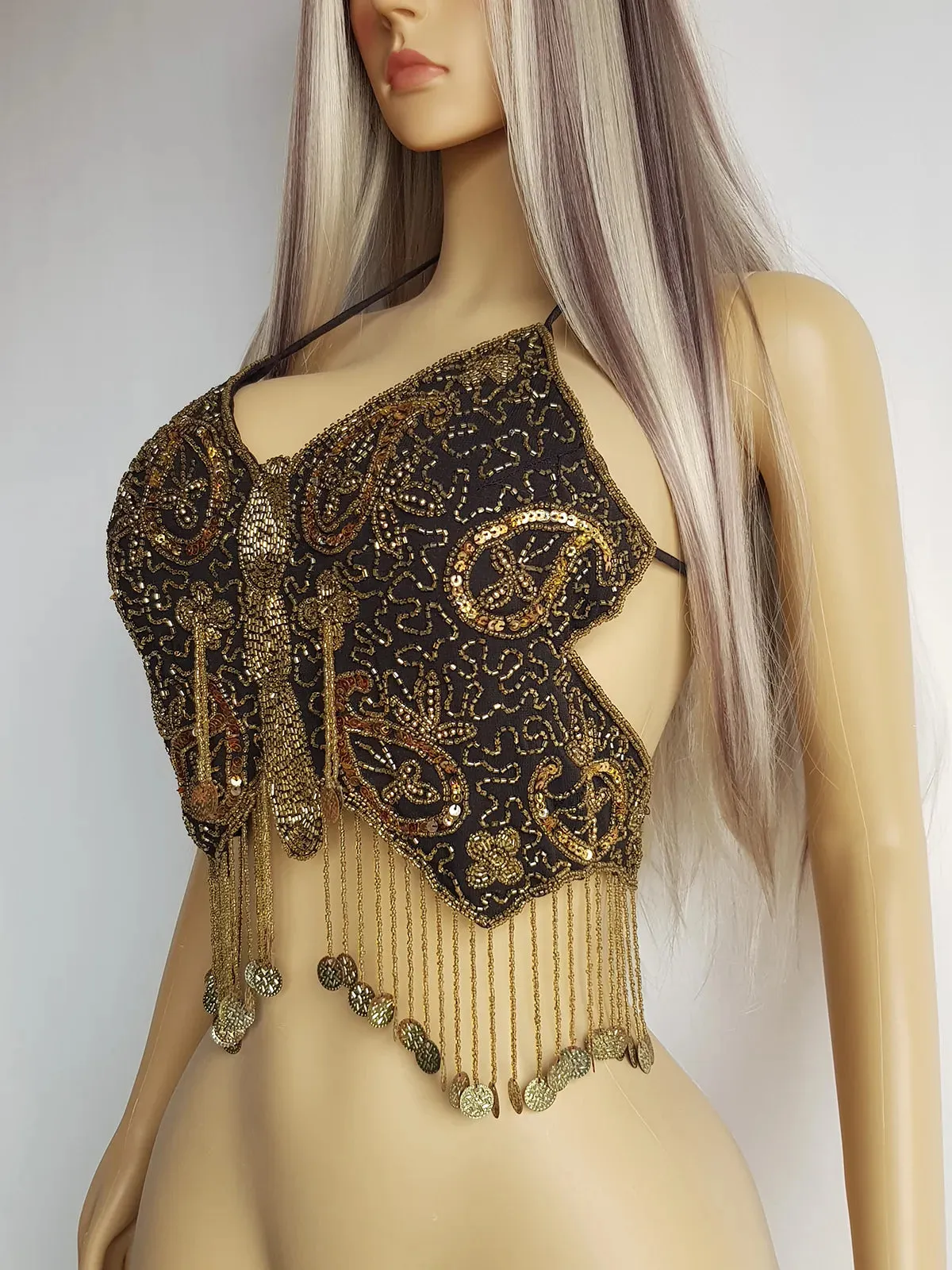 Absolute Knockout Vintage Fully Beaded Butterfly Top - Beaded Tassels with Coins - String Ties