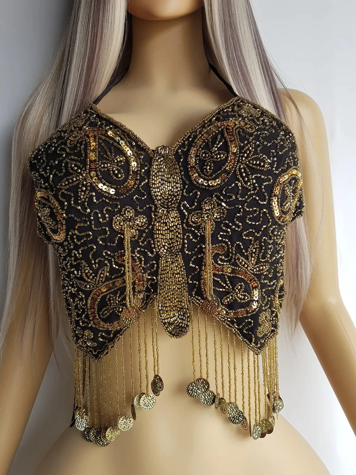 Absolute Knockout Vintage Fully Beaded Butterfly Top - Beaded Tassels with Coins - String Ties