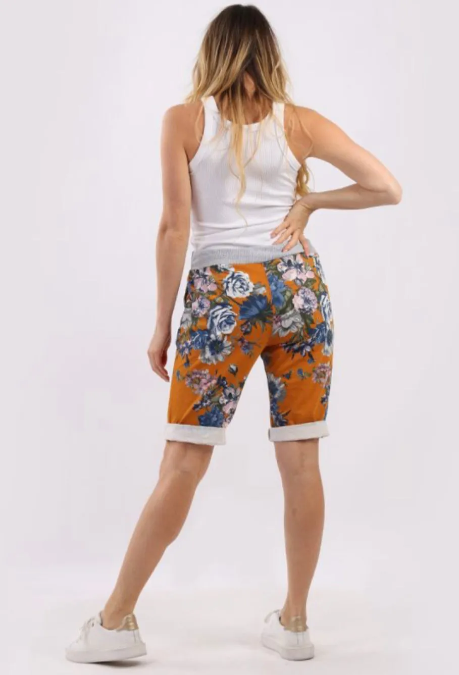 Anne   Kate Italian Blossom Print Mustard Shorts 10-14