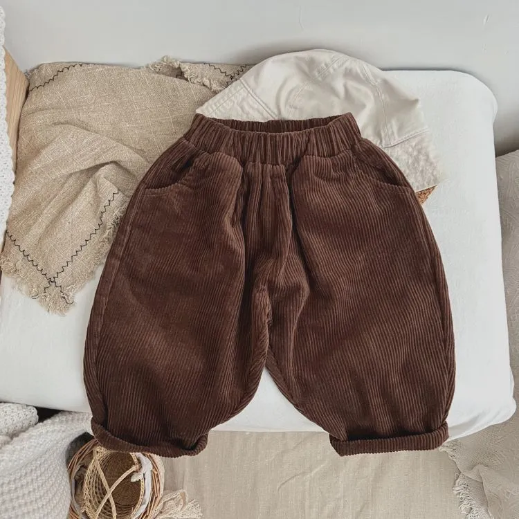 Baby Boy And Girl Solid Color Corduroy Fabric Long Pants With Pockets