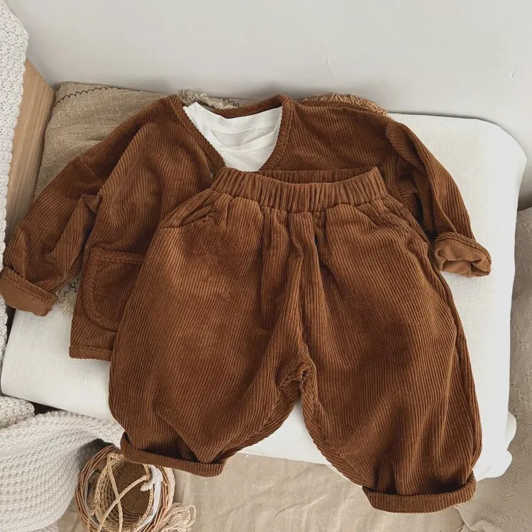 Baby Boy And Girl Solid Color Corduroy Fabric Long Pants With Pockets