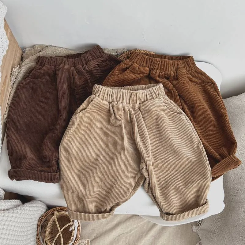 Baby Boy And Girl Solid Color Corduroy Fabric Long Pants With Pockets