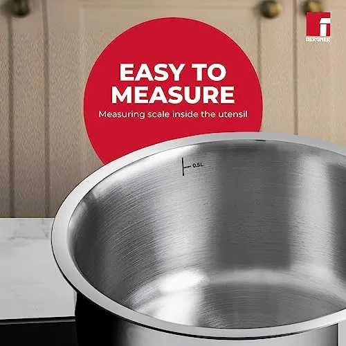 Bergner TriPro TriPly 14cm Tea Pan/MilkPan, 1.2L Capacity, For Chai/Boil/Warm/Herb-Spice-Infusion, Heat Resist Handle, Laser-Etch Scale, Smooth Finished Surface, Induction & Gas Ready, 5-Year Warranty