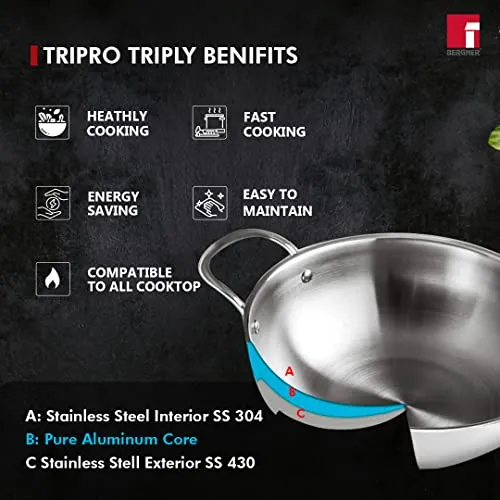 Bergner Tripro Triply Stainless Steel 4 Pc Cookware Set, 24 cm Indian Wok/Kadai with Lid, 22 cm Frypan, 16 cm Tea Pan, Even and Fast Heating, Induction Bottom, Gas Ready, Silver