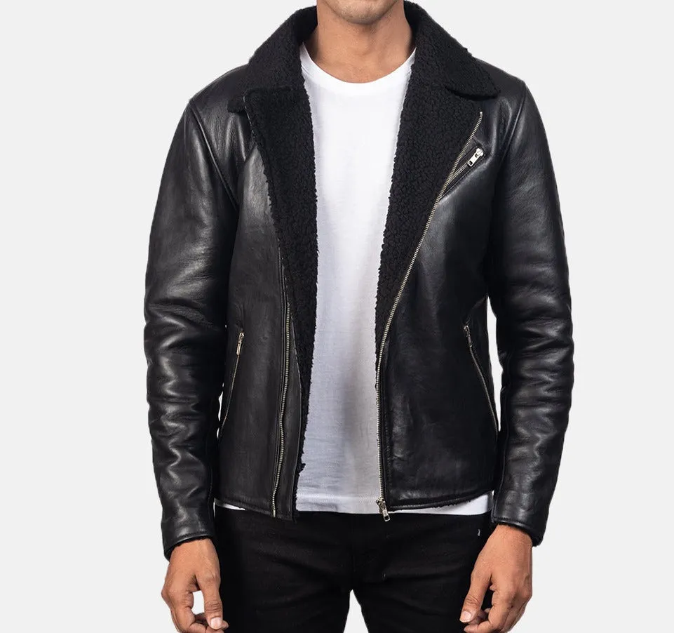 BIKER-1402 MUSH Shearling Black Leather Jacket