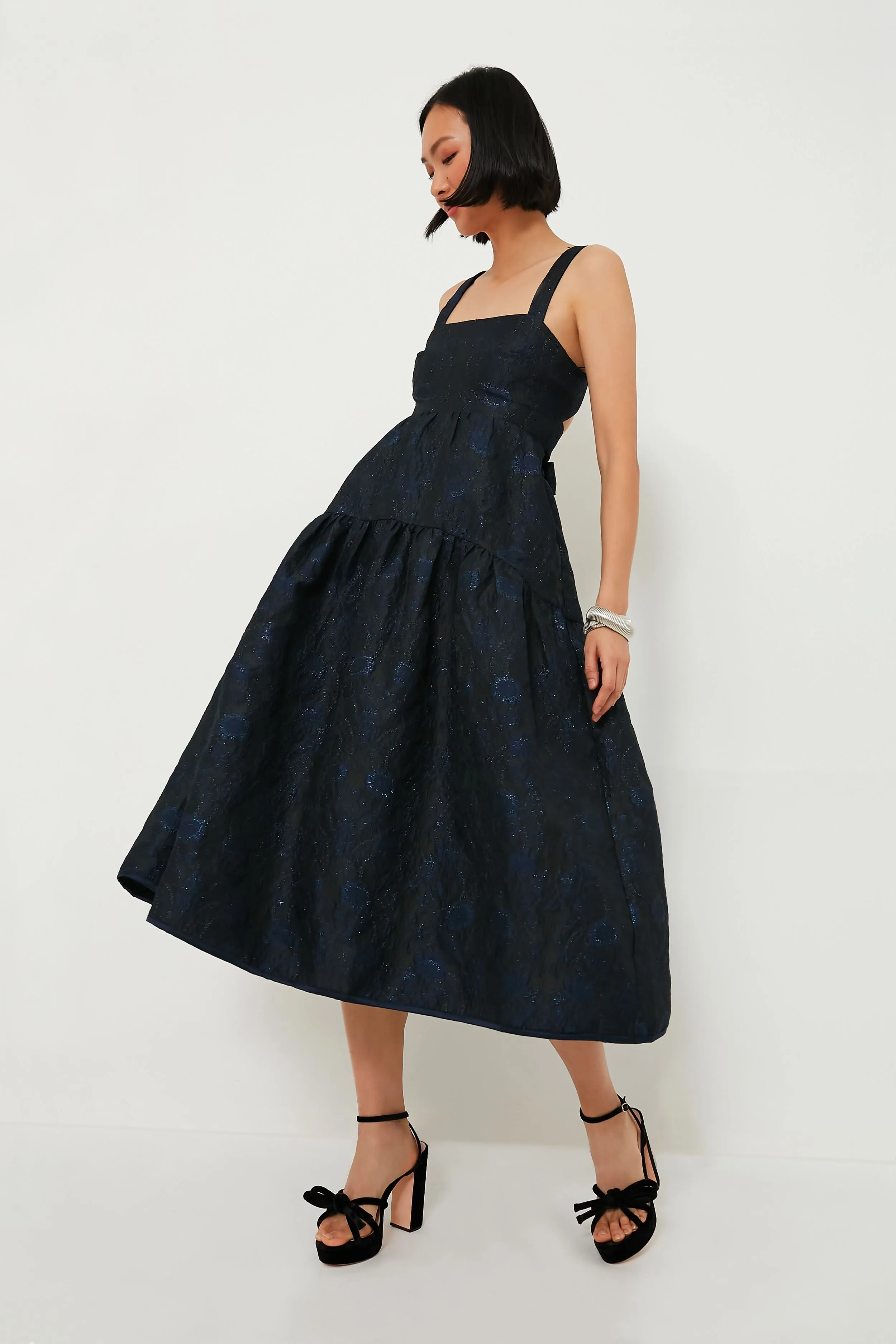 Black Navy Jacquard Victoria Midi Dress