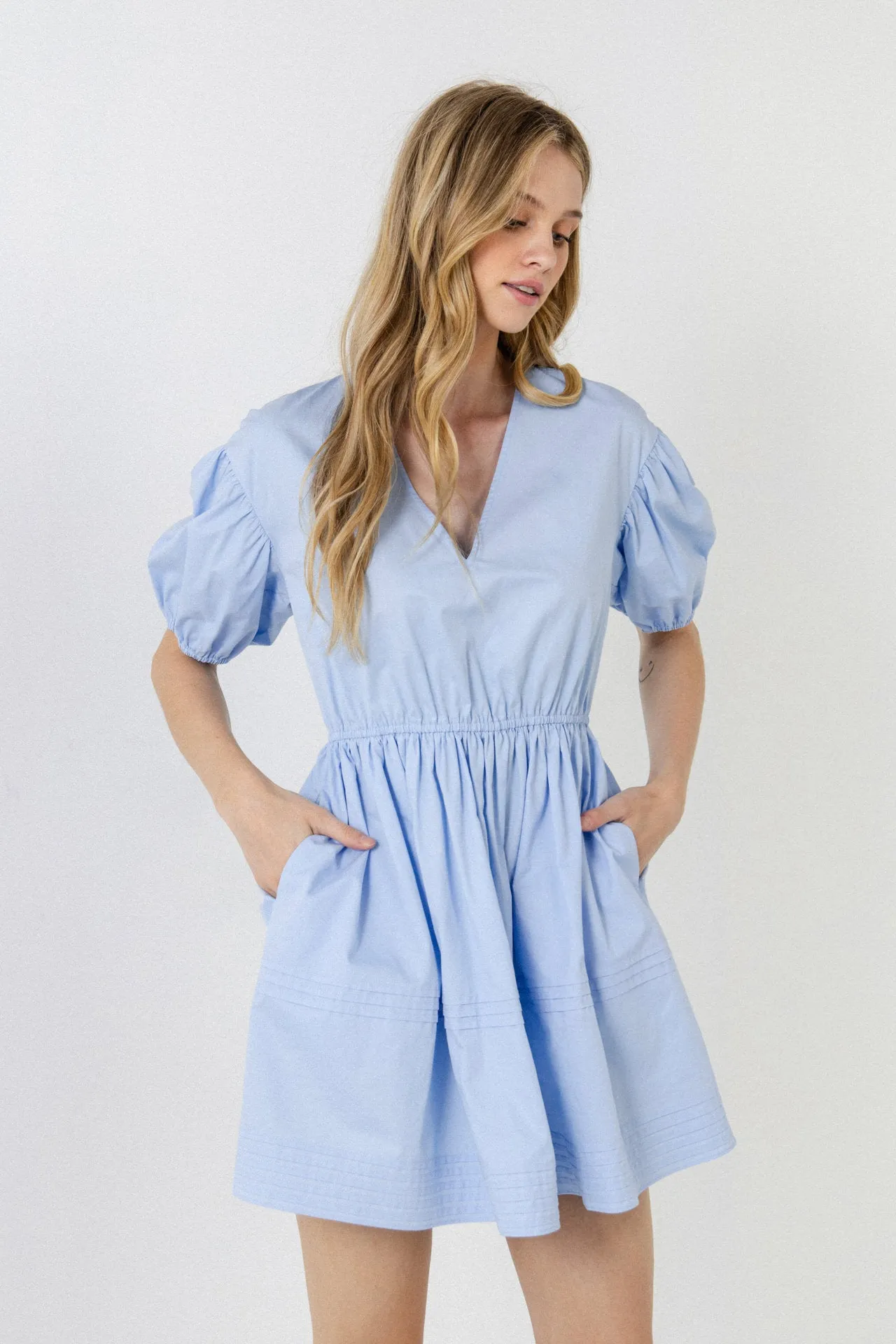 Blouson Pleated Puff Sleeve Dress