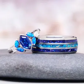 Blue Fire Opal & Sapphire Couples Ring