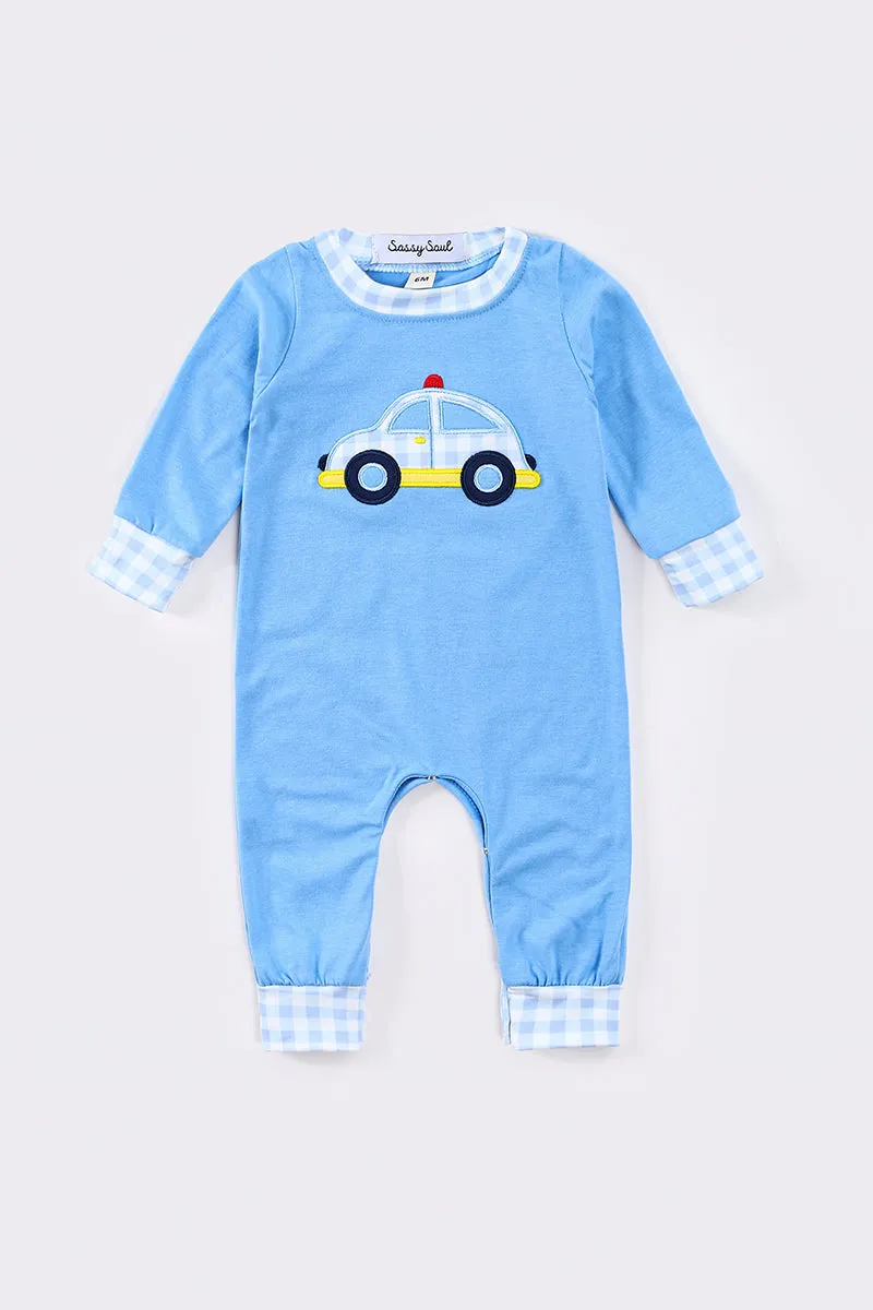 Blue police car applique boy romper