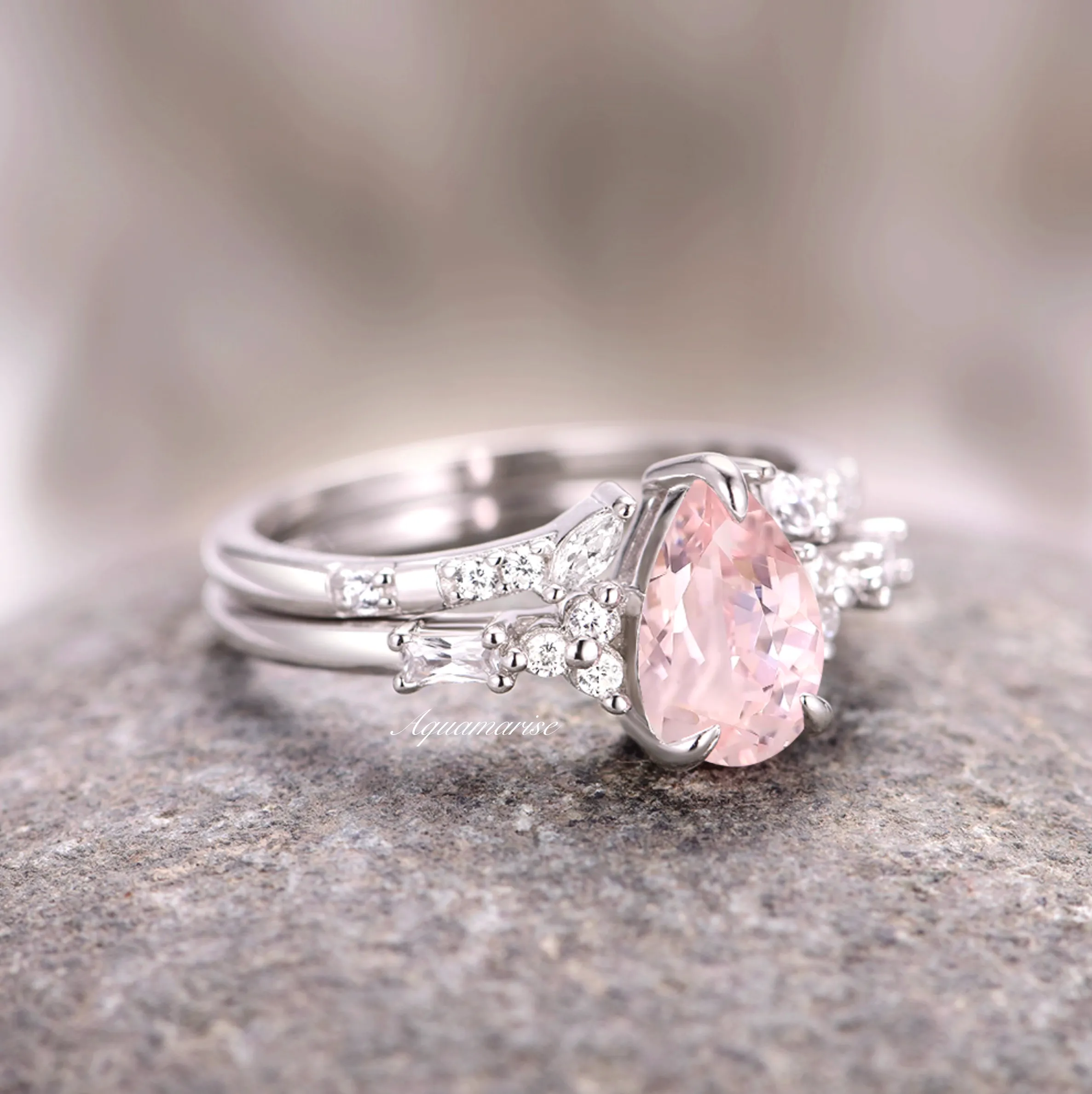 Blush Pink Teardrop Morganite Ring Set- 925 Sterling Silver