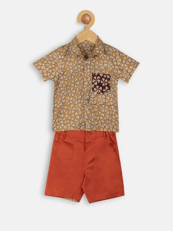 Boys Mustard Yellow Hand Block Printed Shirt & Orange Pants (Set of 2)