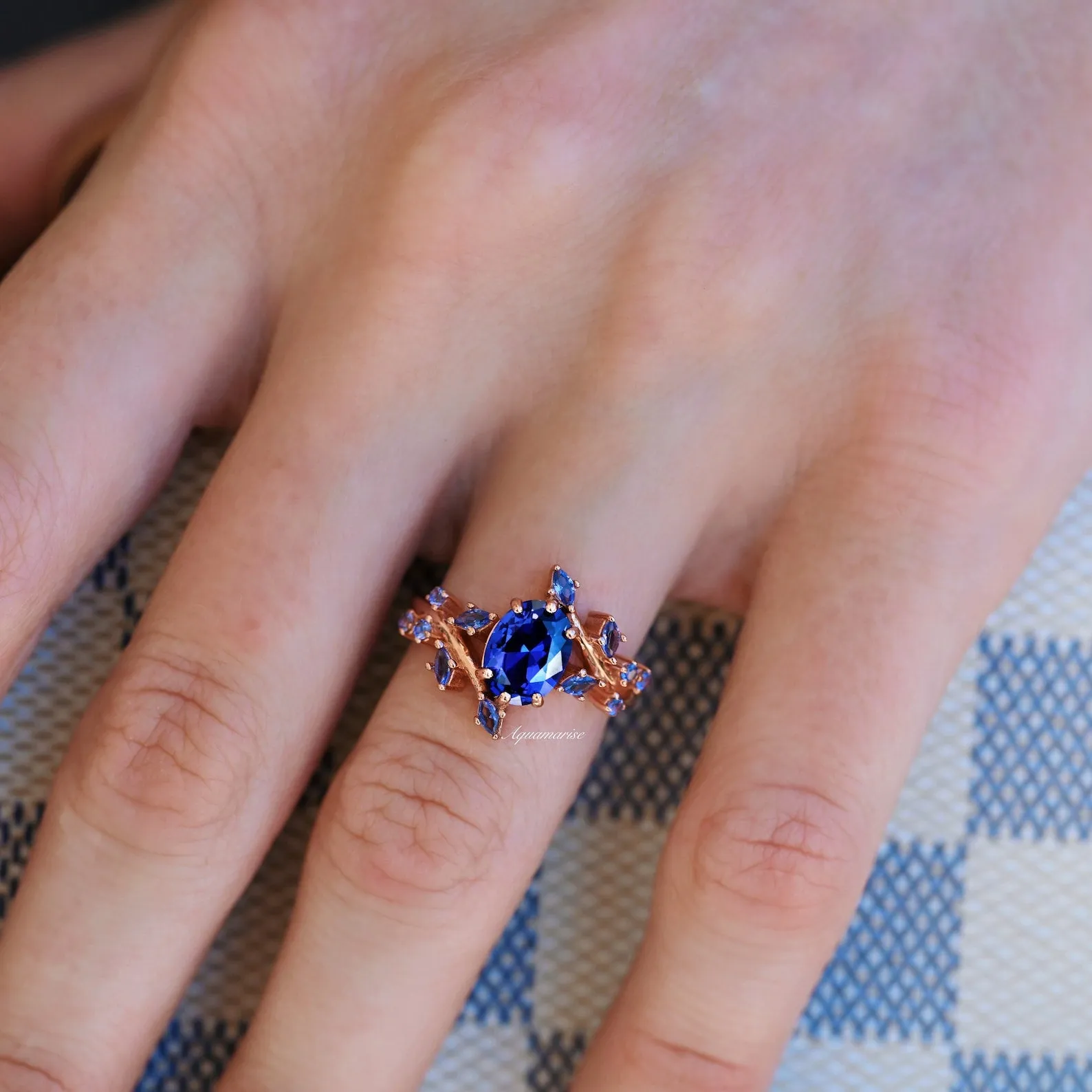 Cornflower Blue Sapphire Leaf Ring- 14K Rose Gold Vermeil