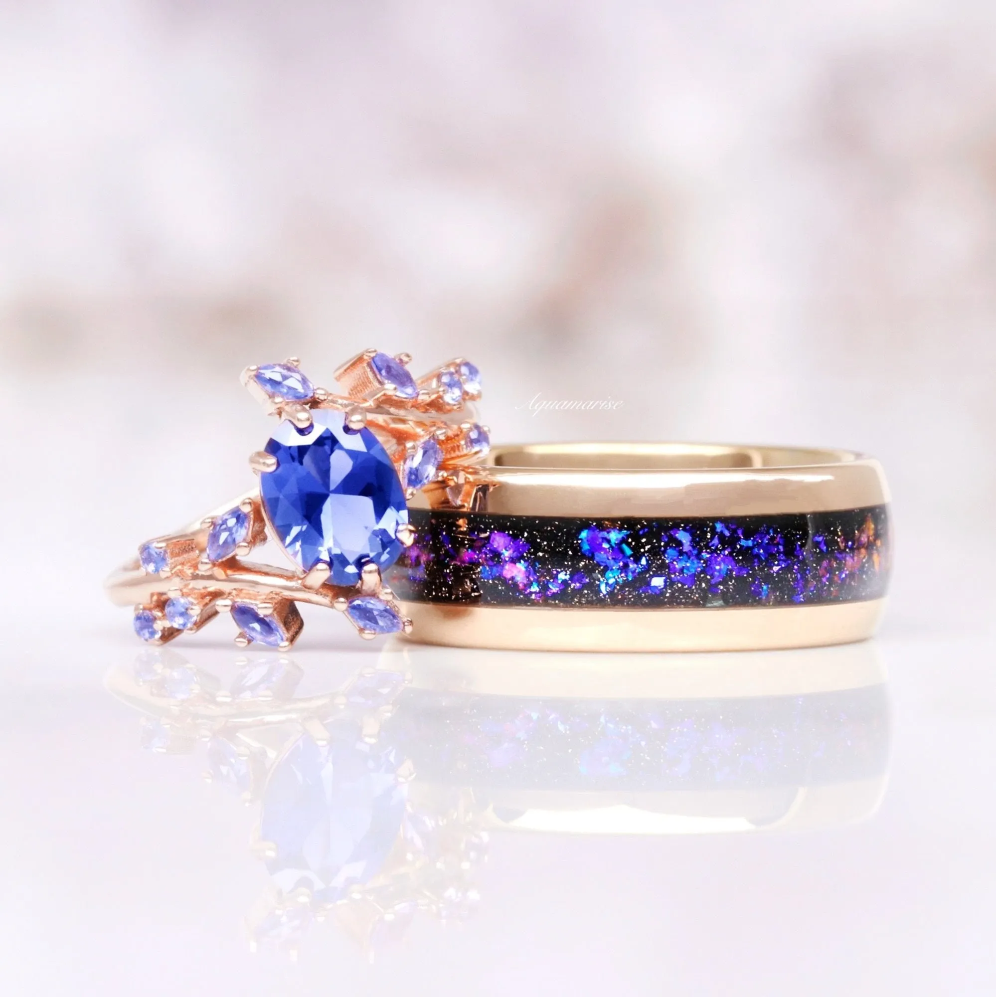 Cornflower Blue Sapphire Leaf Ring- 14K Rose Gold Vermeil