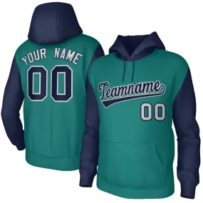 Custom Aqua Navy-Gray Raglan Sleeves Stitched Sportwear Pullover Hoodie