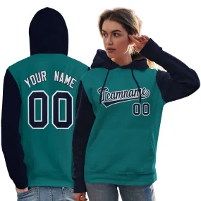 Custom Aqua Navy-White Raglan Sleeves Pullover Personalized Team Sweatshirt Hoodie