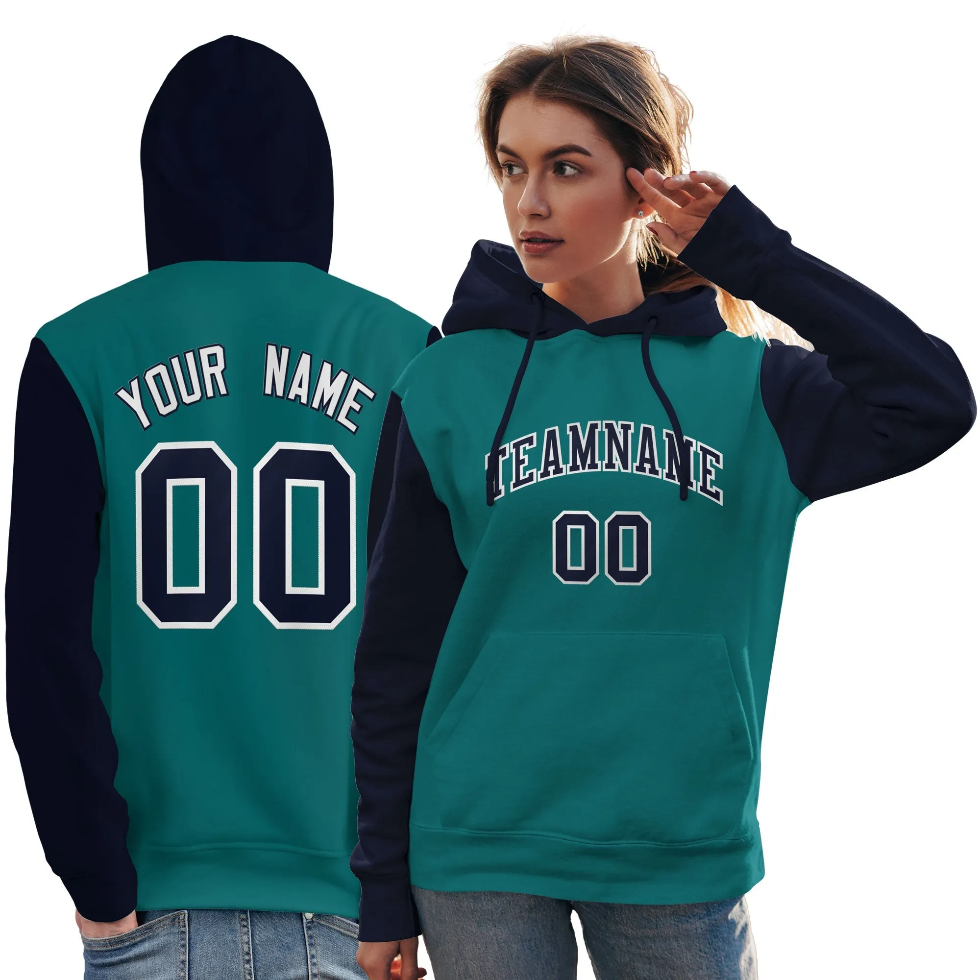 Custom Aqua Navy-White Raglan Sleeves Pullover Personalized Team Sweatshirt Hoodie