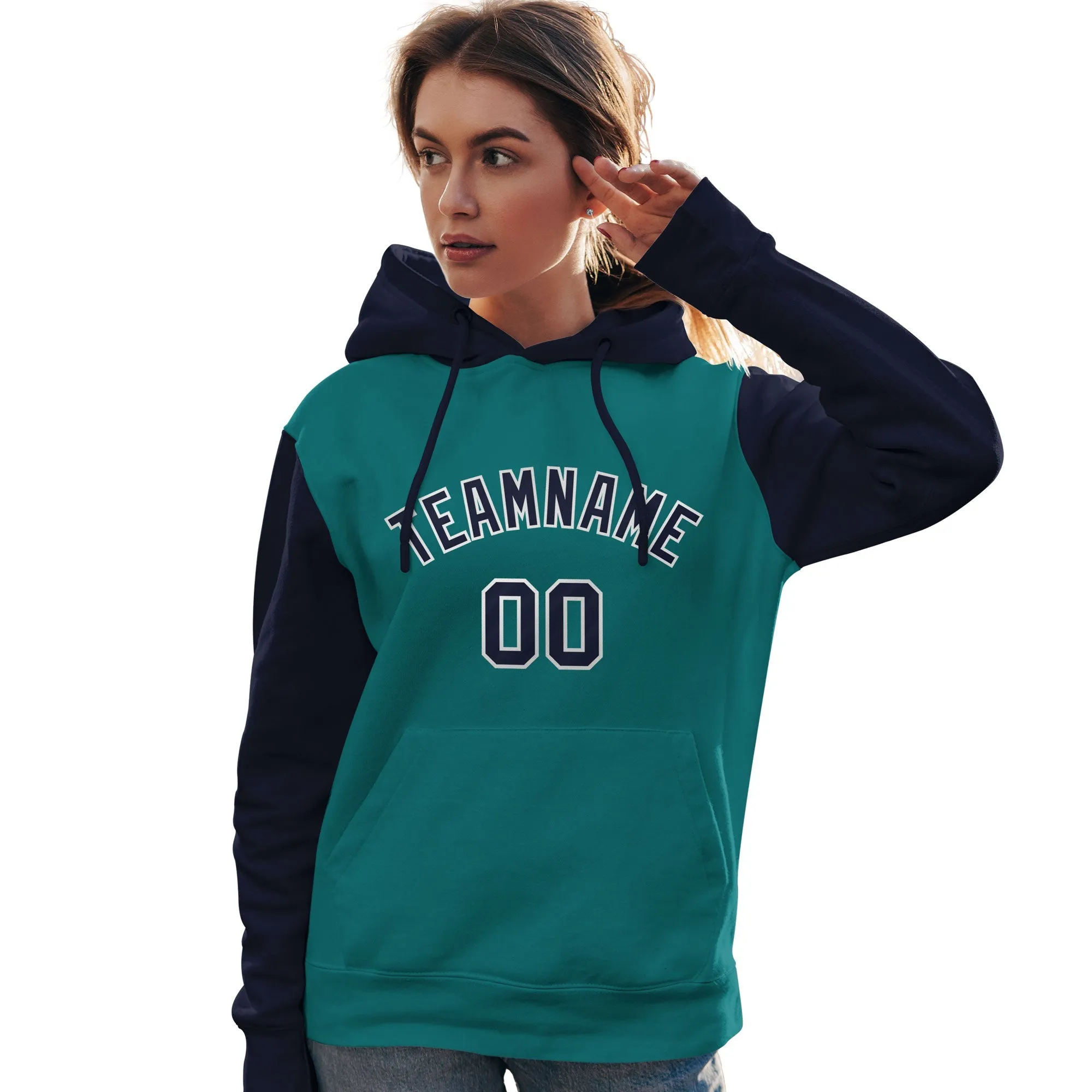 Custom Aqua Navy-White Raglan Sleeves Pullover Personalized Team Sweatshirt Hoodie