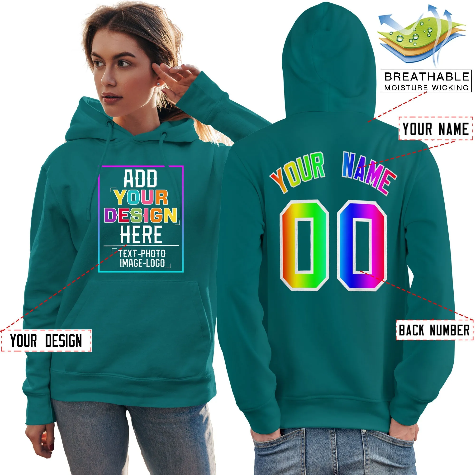 Custom Aqua Personalized Rainbow Color Font Team Pullover Sweatshirt Hoodie