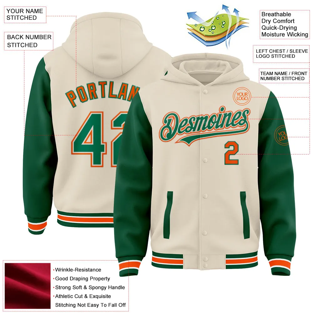 Custom Cream Kelly Green Orange-White Bomber Full-Snap Varsity Letterman Two Tone Hoodie Jacket