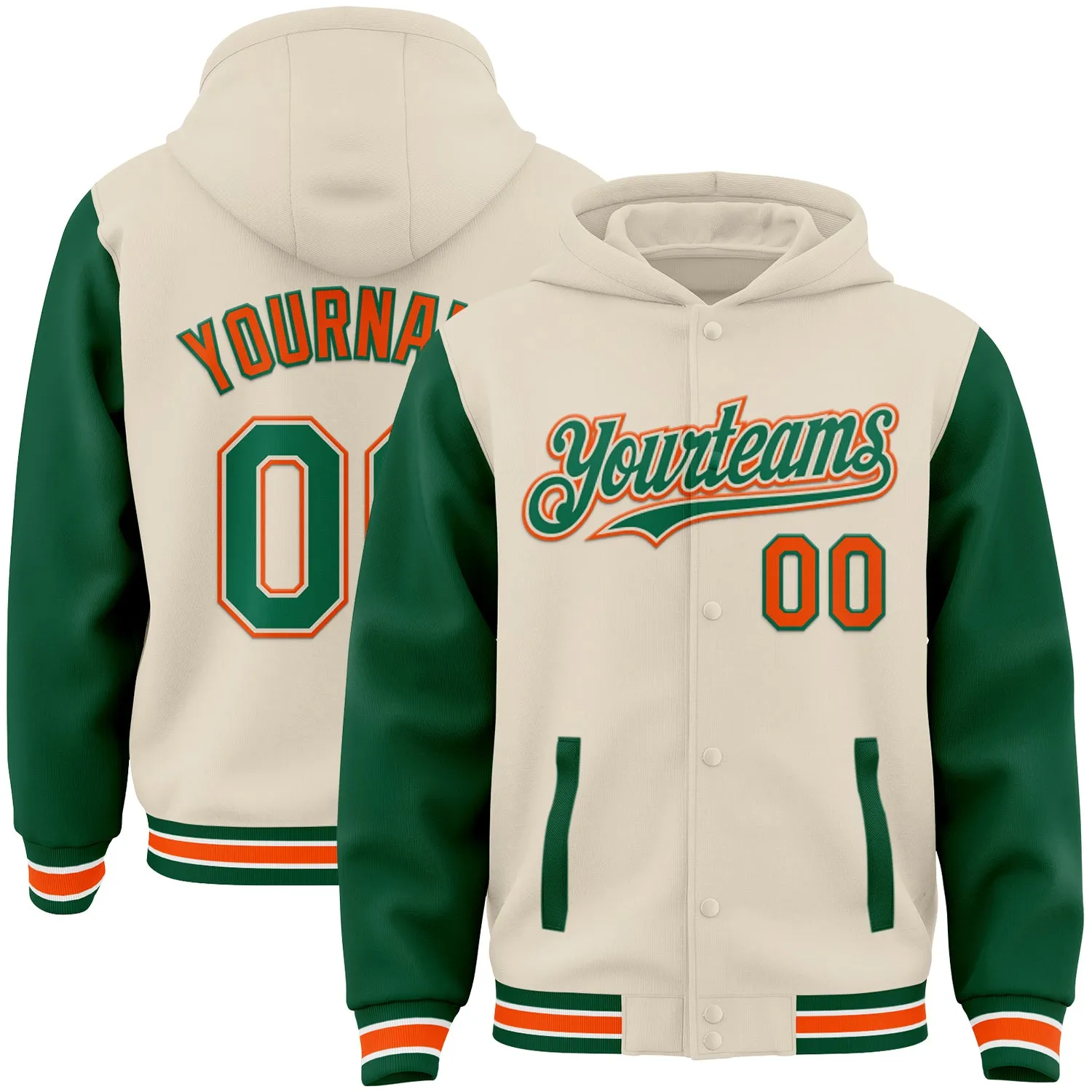 Custom Cream Kelly Green Orange-White Bomber Full-Snap Varsity Letterman Two Tone Hoodie Jacket