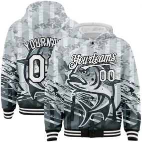 Custom Gray White-Black Giant Trevally Fish Fishing 3D Bomber Full-Snap Varsity Letterman Hoodie Jacket