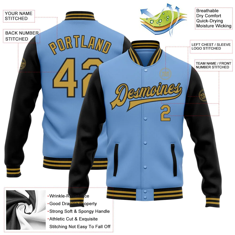 Custom Light Blue Old Gold-Black Bomber Full-Snap Varsity Letterman Two Tone Jacket