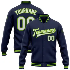 Custom Navy White-Neon Green Bomber Full-Snap Varsity Letterman Jacket