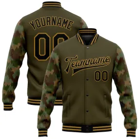 Custom Olive Black-Old Gold Camo Sleeves 3D Pattern Design Bomber Full-Snap Varsity Letterman Salute To Service Jacket