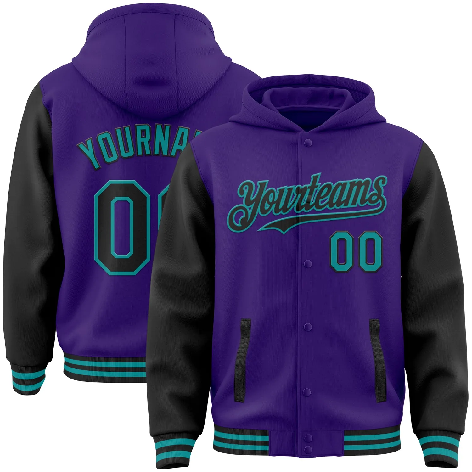 Custom Purple Black-Teal Bomber Full-Snap Varsity Letterman Two Tone Hoodie Jacket