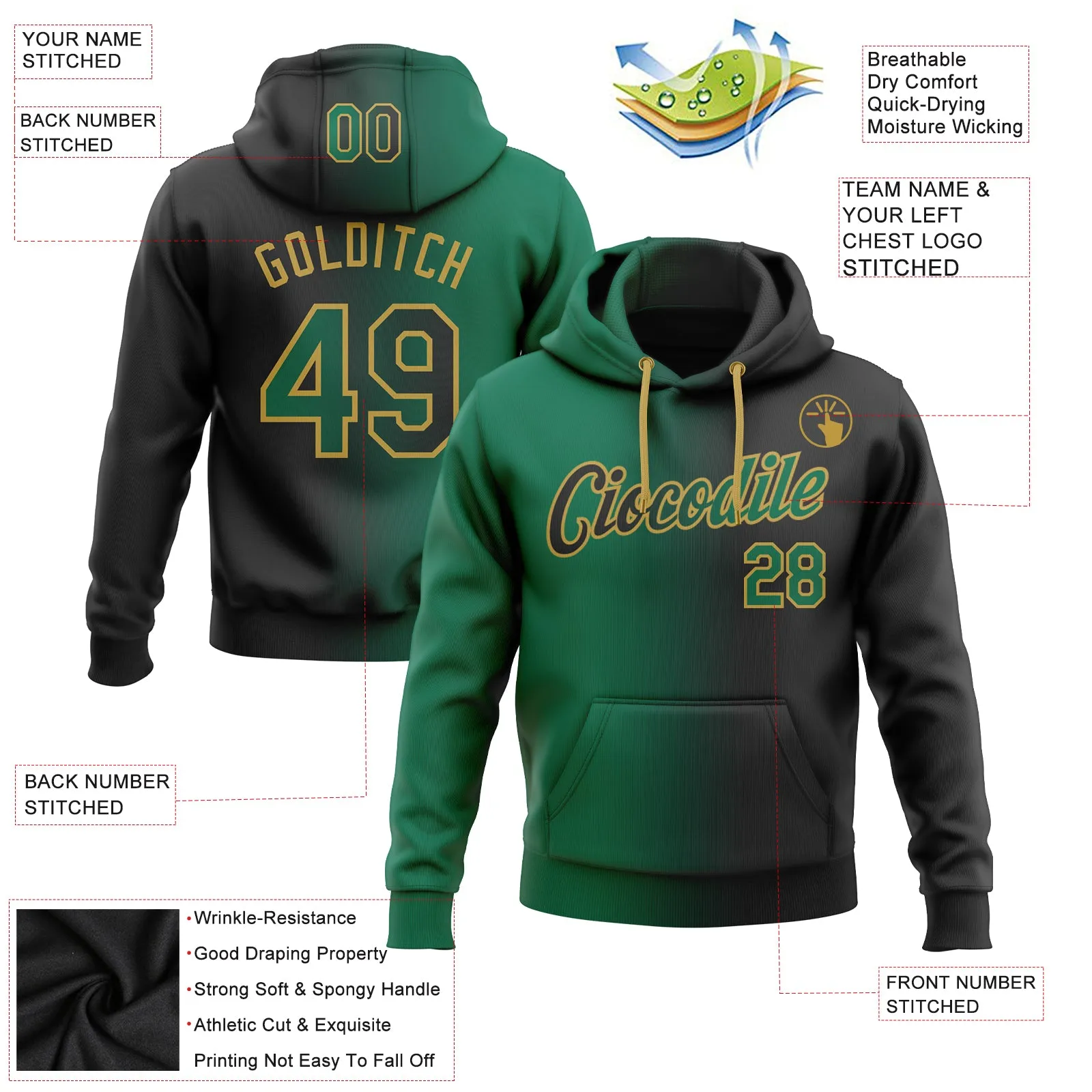 Custom Stitched Black Kelly Green-Old Gold Gradient Fashion Sports Pullover Sweatshirt Hoodie