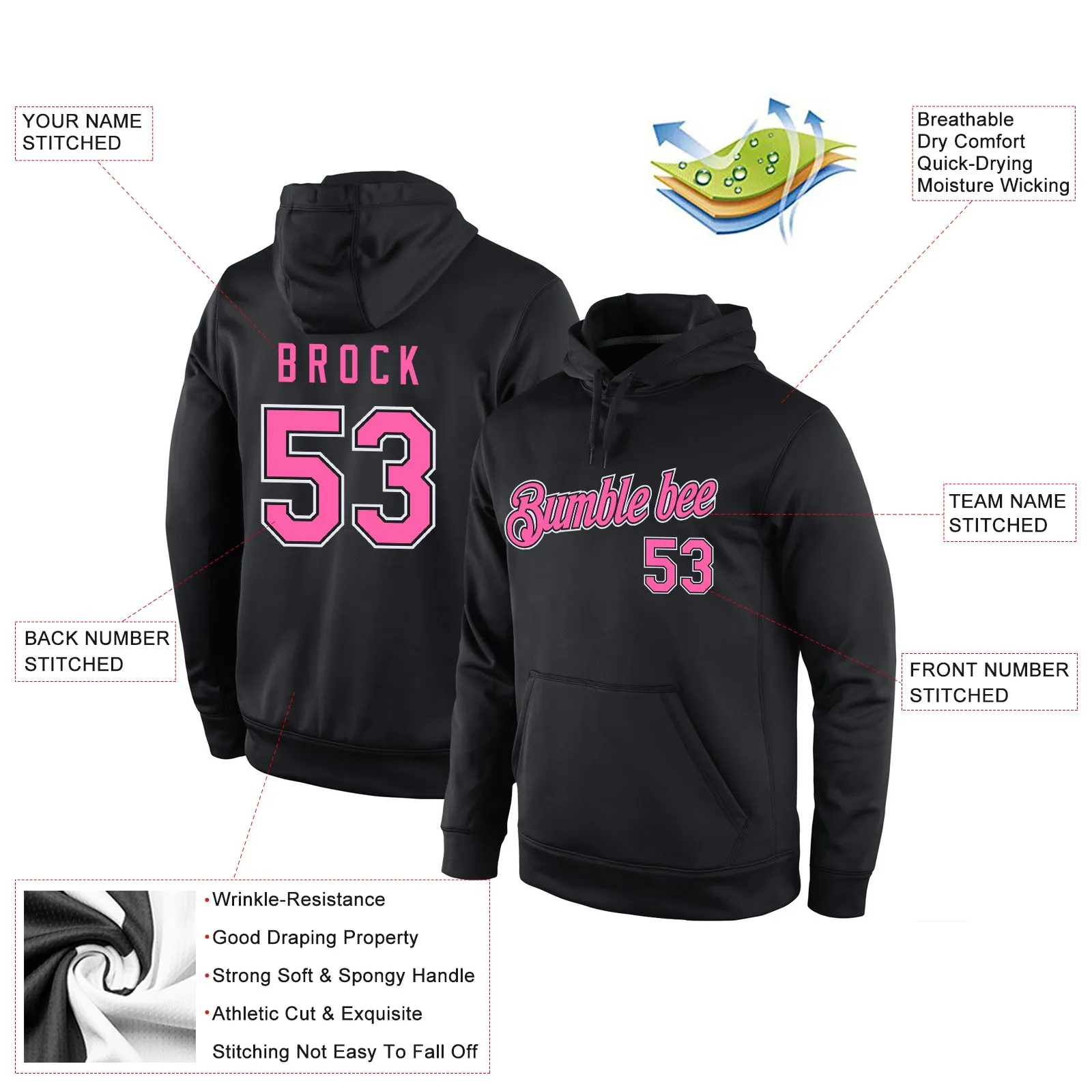 Custom Stitched Black Pink-White Sports Pullover Sweatshirt Hoodie