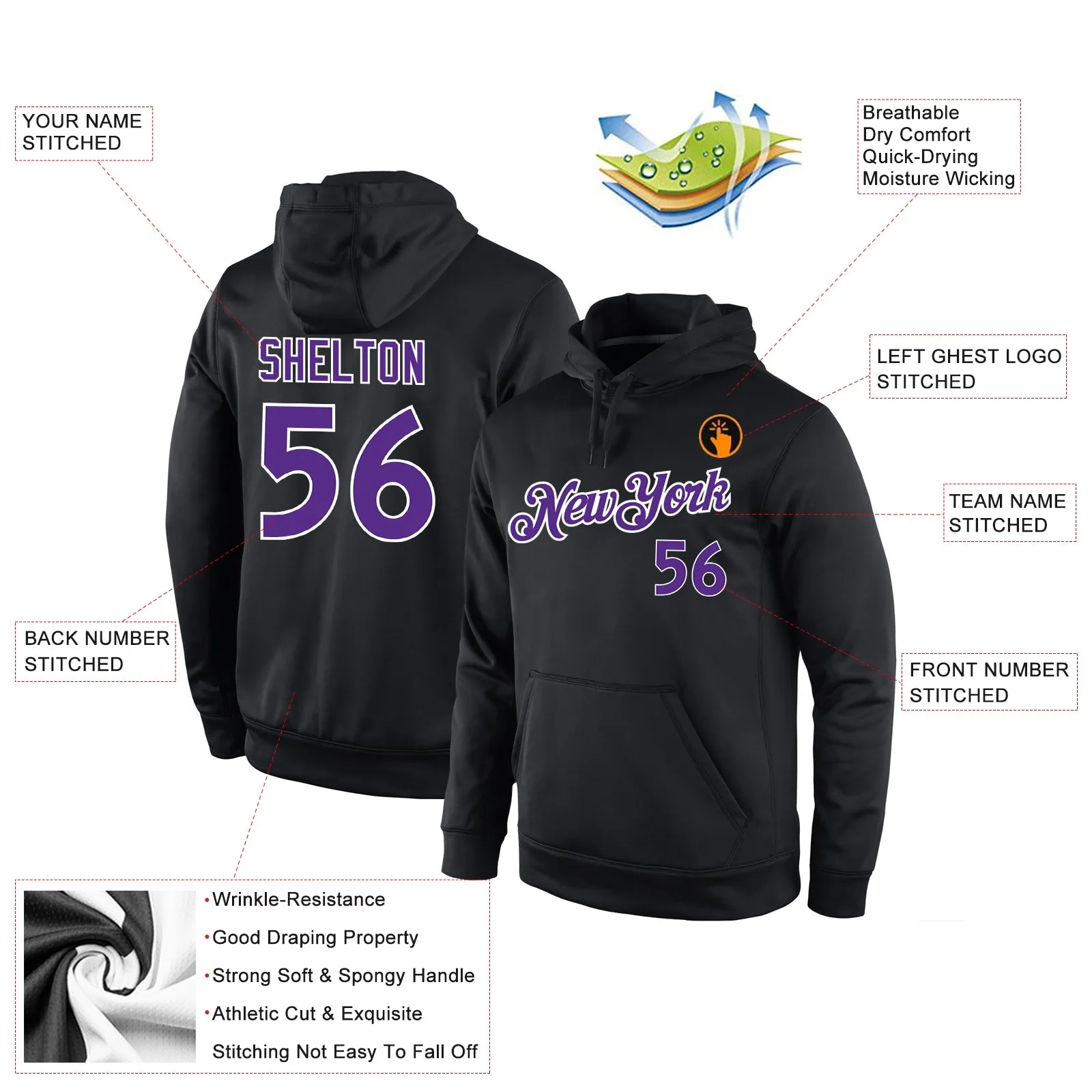 Custom Stitched Black Purple-White Sports Pullover Sweatshirt Hoodie