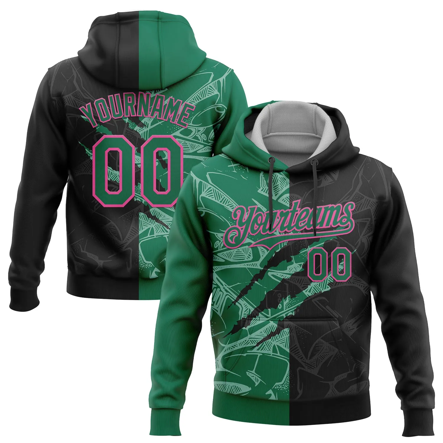 Custom Stitched Graffiti Pattern Black Kelly Green-Pink 3D Scratch Sports Pullover Sweatshirt Hoodie