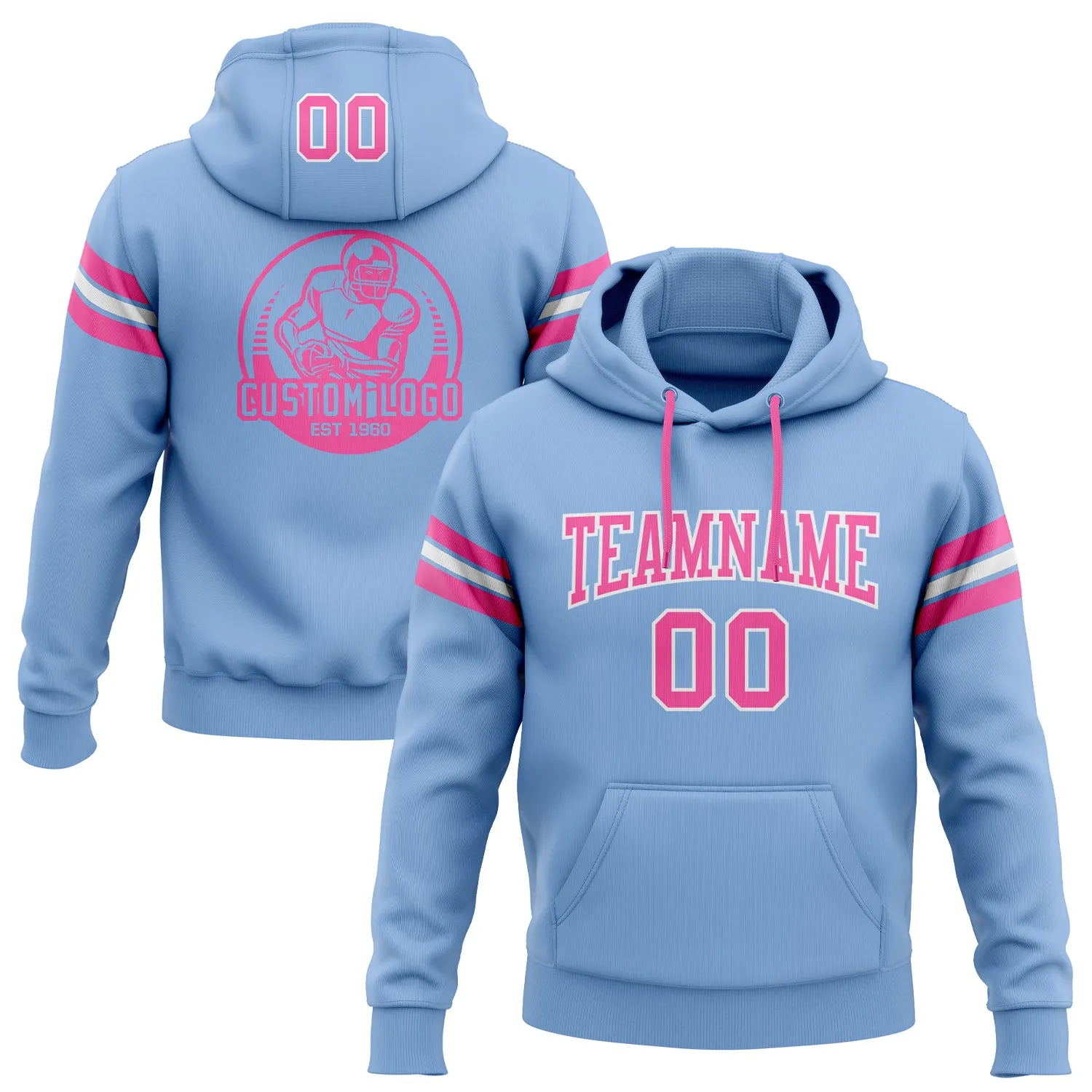 Custom Stitched Light Blue Pink-White Football Pullover Sweatshirt Hoodie