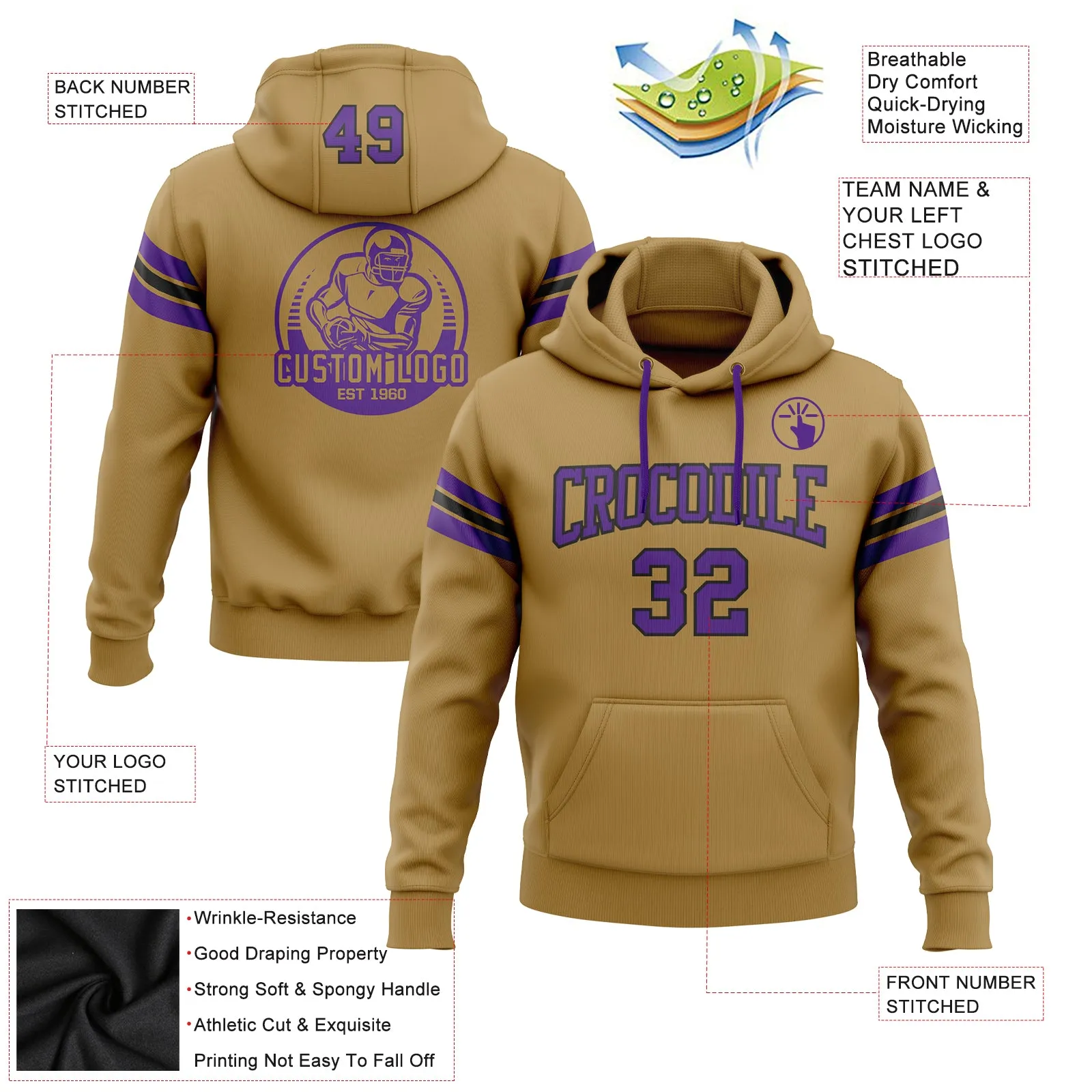 Custom Stitched Old Gold Purple-Black Football Pullover Sweatshirt Hoodie