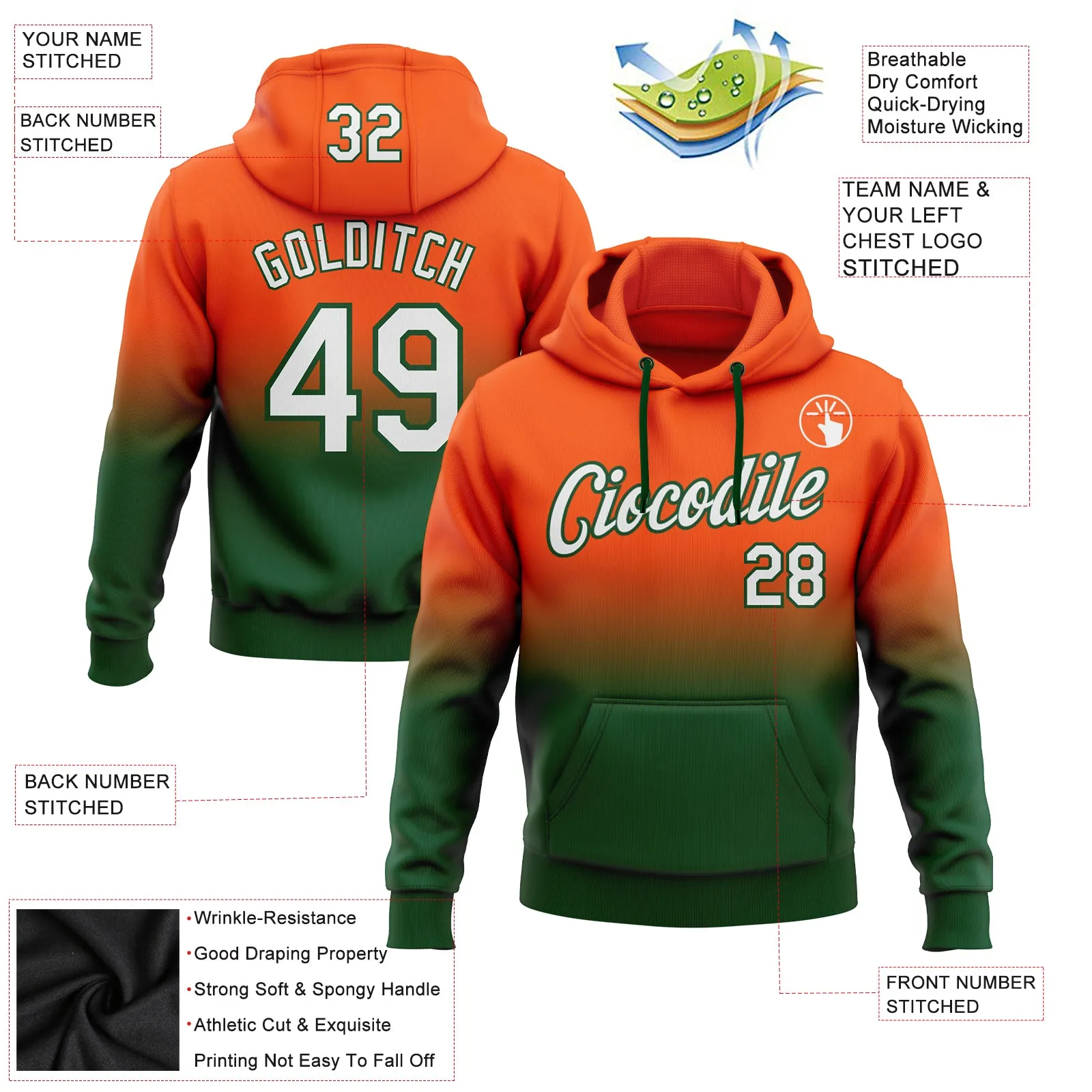 Custom Stitched Orange White-Green Fade Fashion Sports Pullover Sweatshirt Hoodie