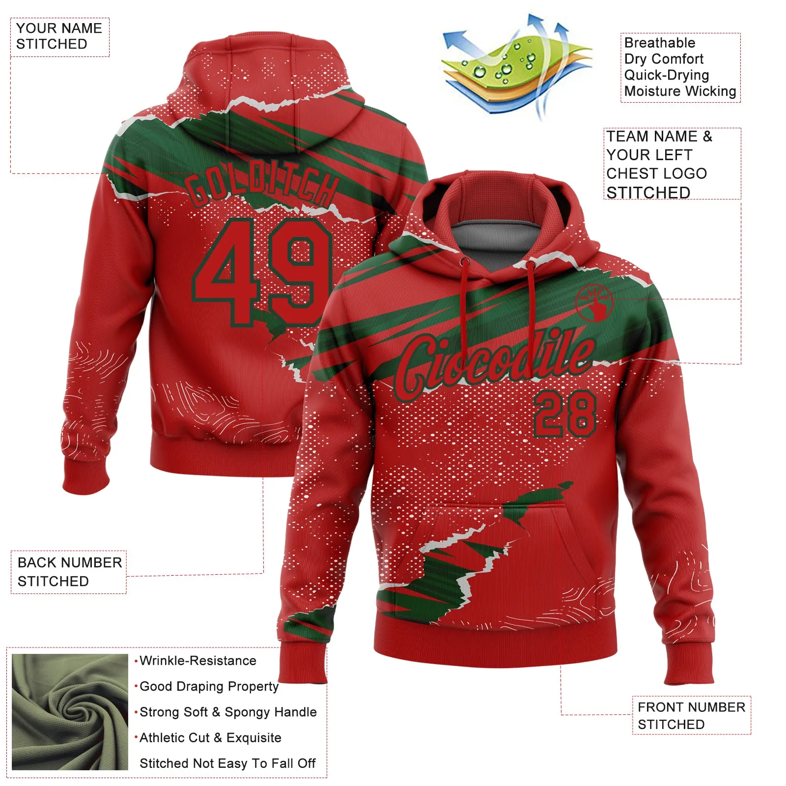 Custom Stitched Red Green 3D Pattern Design Torn Paper Style Sports Pullover Sweatshirt Hoodie