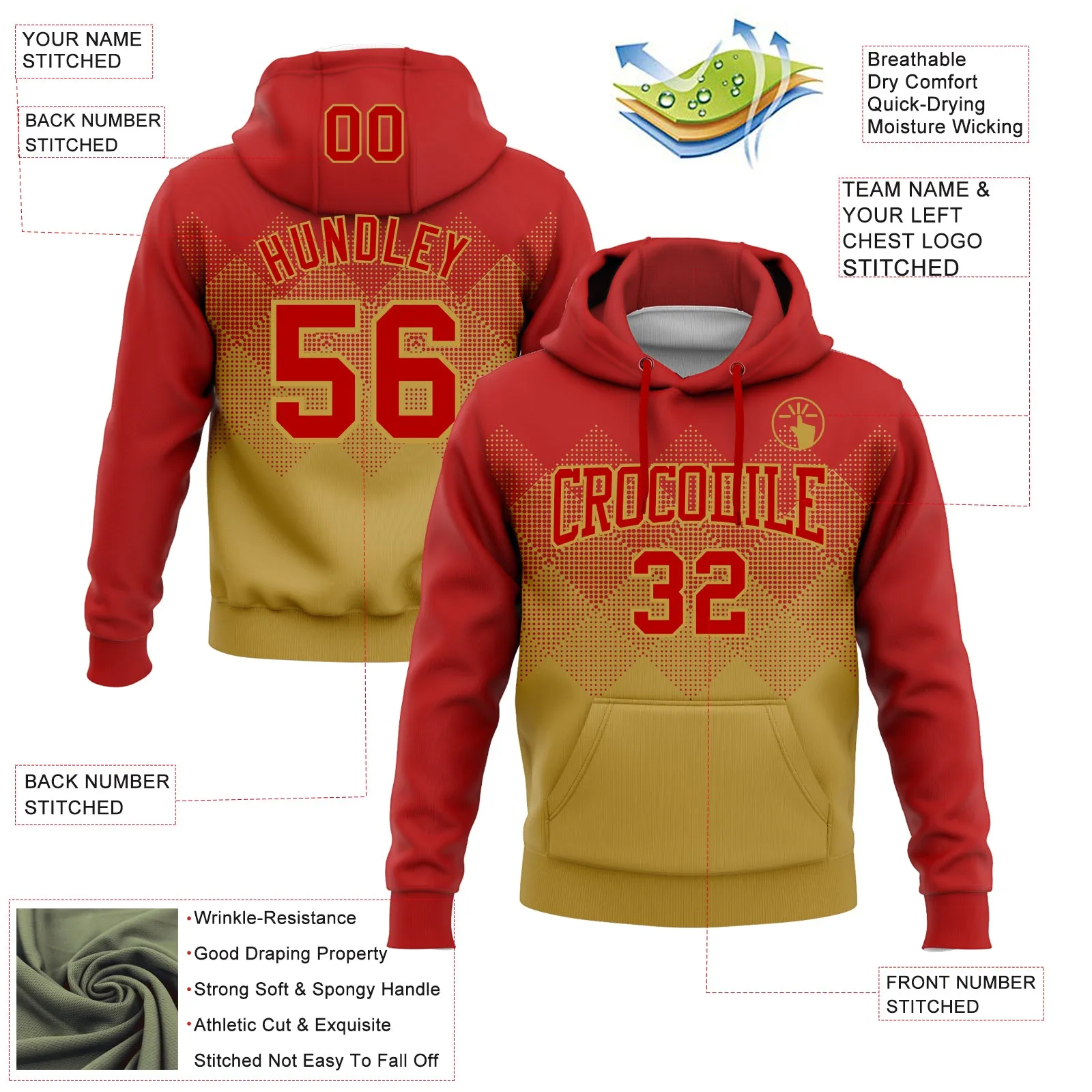 Custom Stitched Red Old Gold 3D Pattern Design Gradient Square Shape Sports Pullover Sweatshirt Hoodie