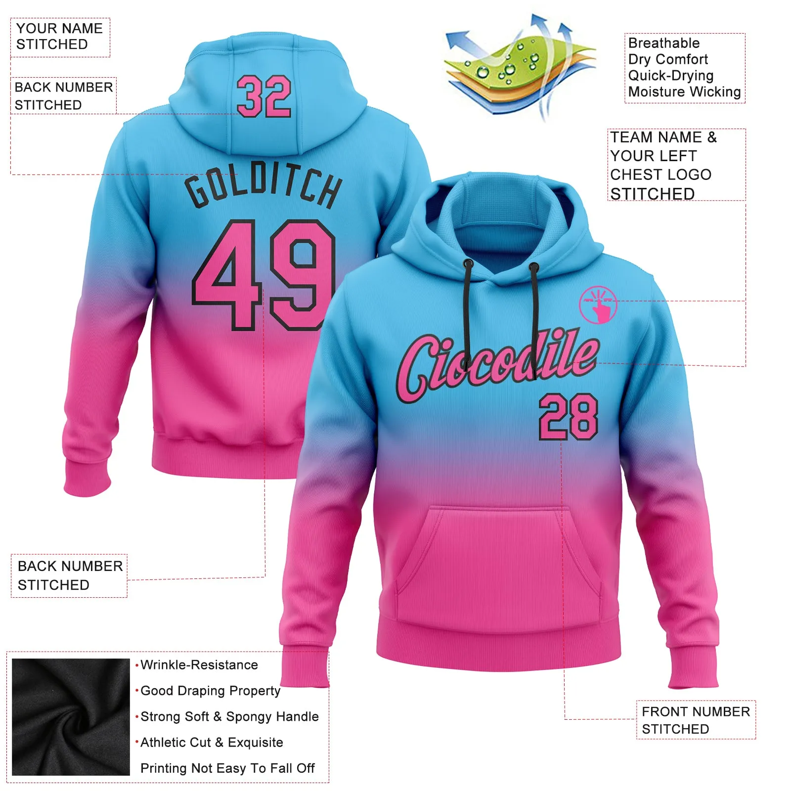 Custom Stitched Sky Blue Pink-Black Fade Fashion Sports Pullover Sweatshirt Hoodie