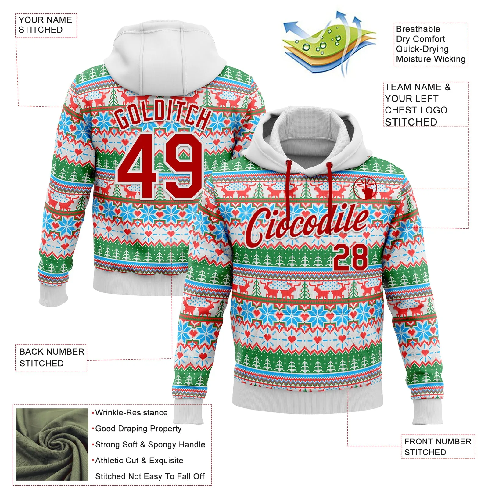 Custom Stitched White Red Christmas 3D Sports Pullover Sweatshirt Hoodie