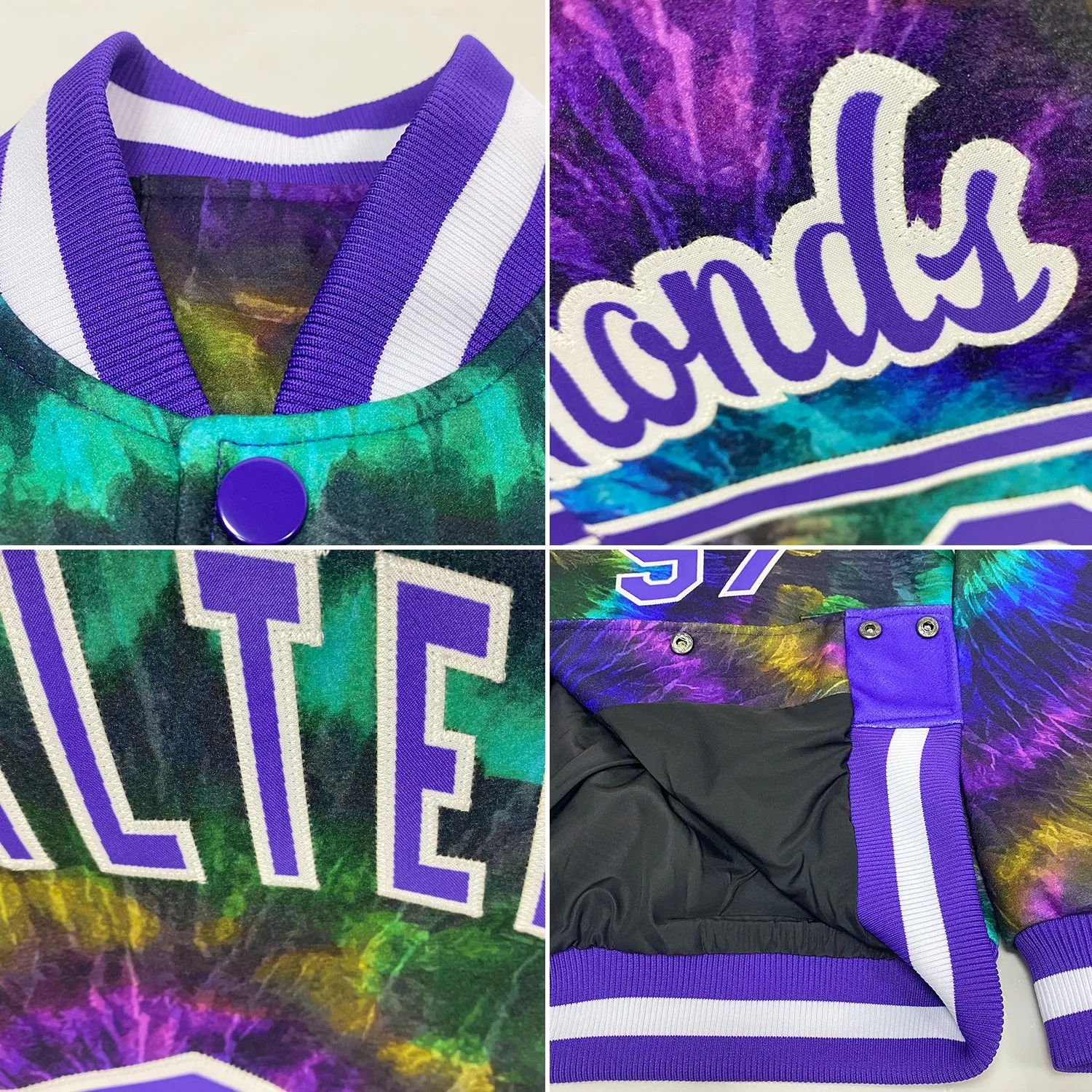 Custom Tie Dye Purple-White Rainbow 3D Bomber Full-Snap Varsity Letterman Jacket