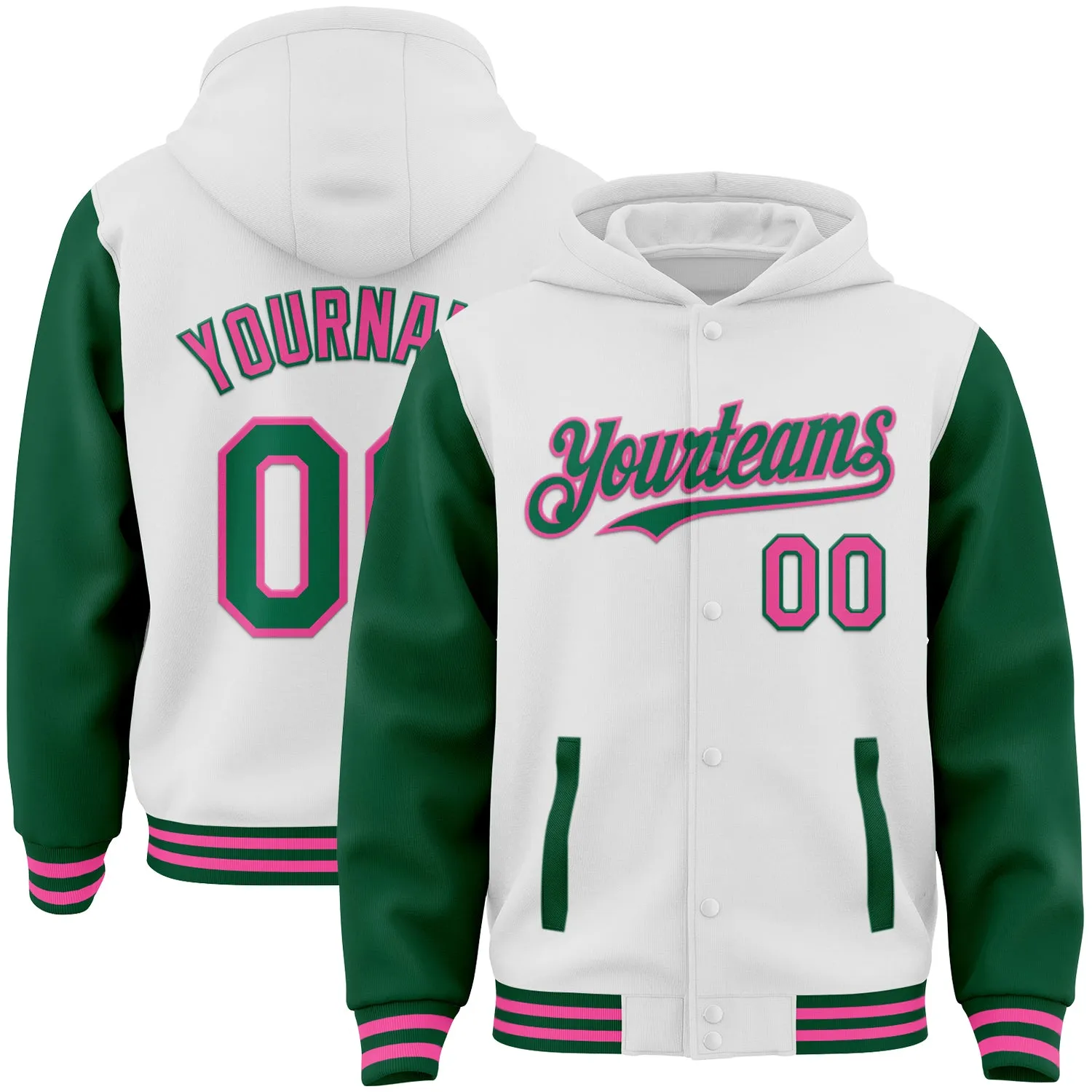 Custom White Kelly Green-Pink Bomber Full-Snap Varsity Letterman Two Tone Hoodie Jacket