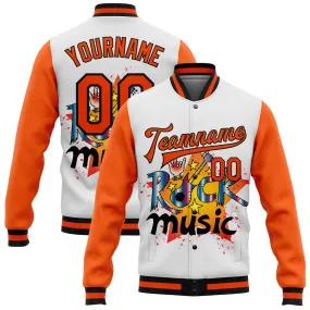 Custom White Orange-Black Rock Music Festival 3D Pattern Design Bomber Full-Snap Varsity Letterman Jacket