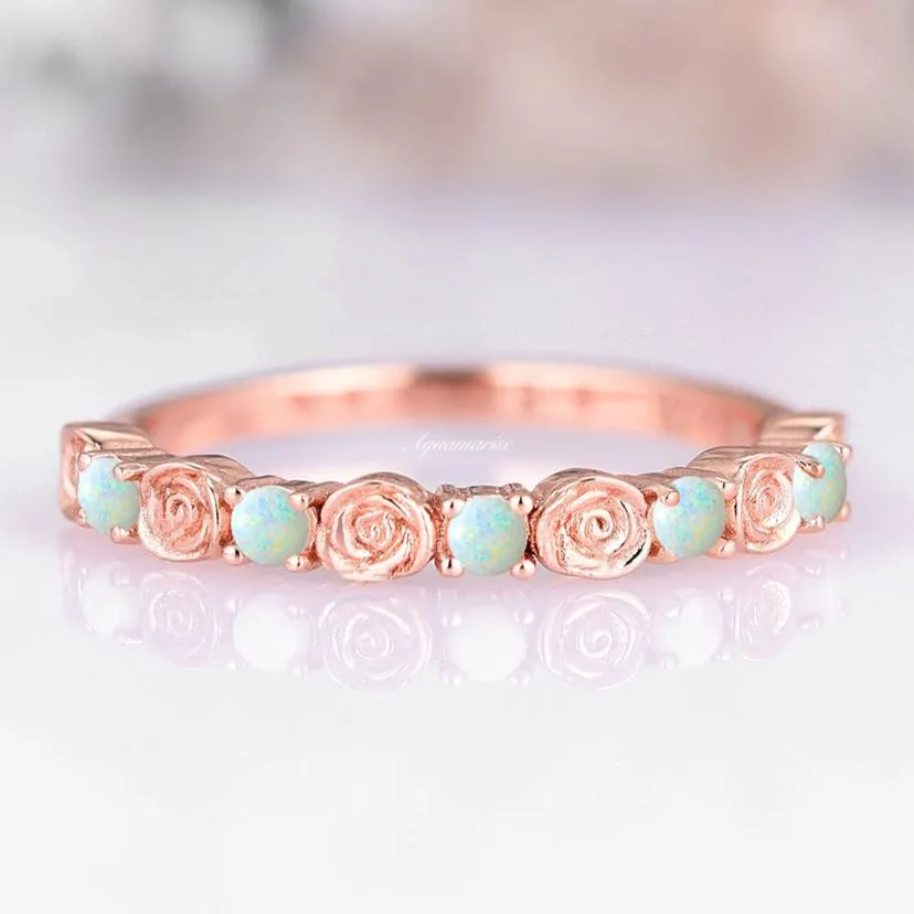 Dainty Rose Australian Opal Wedding Band- 14K Rose Gold Vermeil