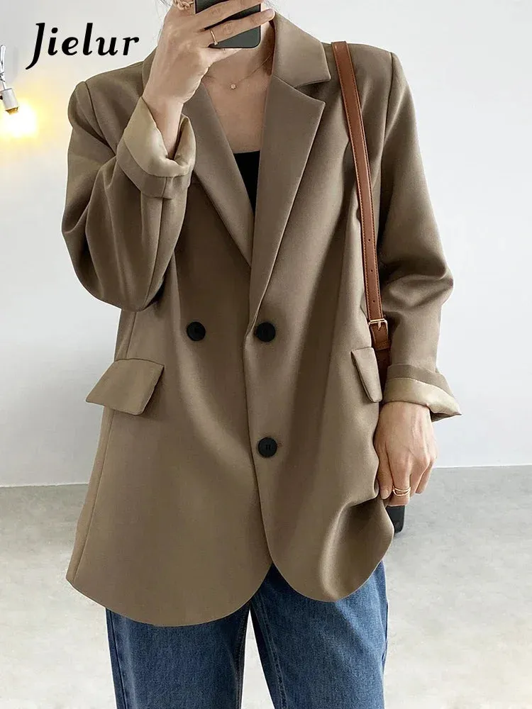 Double Breasted Oversized Black Blazer Women Autumn Winter Drape Solid Color Loose Suit Jacket Office Lady