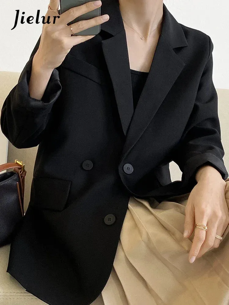 Double Breasted Oversized Black Blazer Women Autumn Winter Drape Solid Color Loose Suit Jacket Office Lady