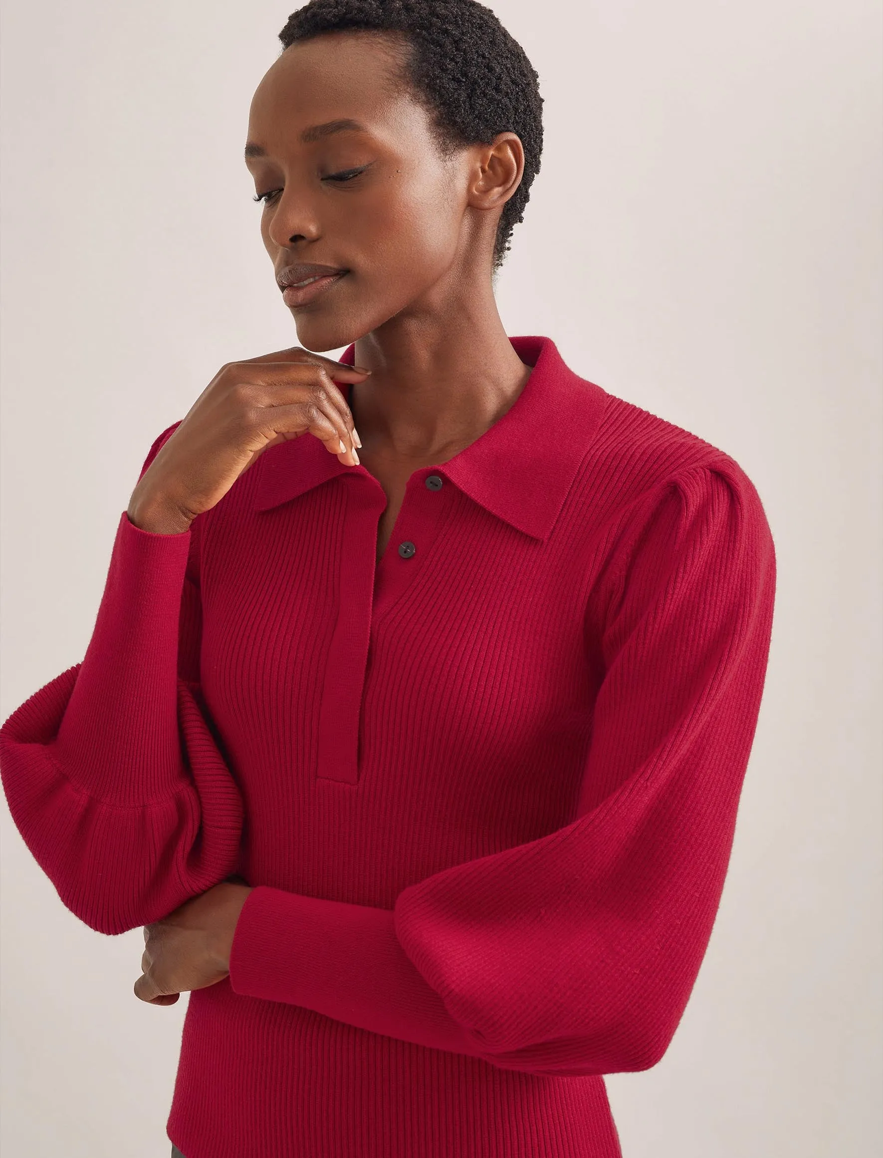 Eva Merino Wool Collared Jumper - Red